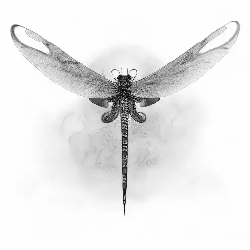 flying dragon fly with trail behid it, gree, tourquoise  tattoo design idea