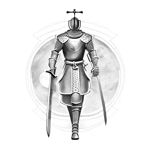 a medieval knight, a large sword behind his back, a medieval bench and the moon in the background tattoo design idea