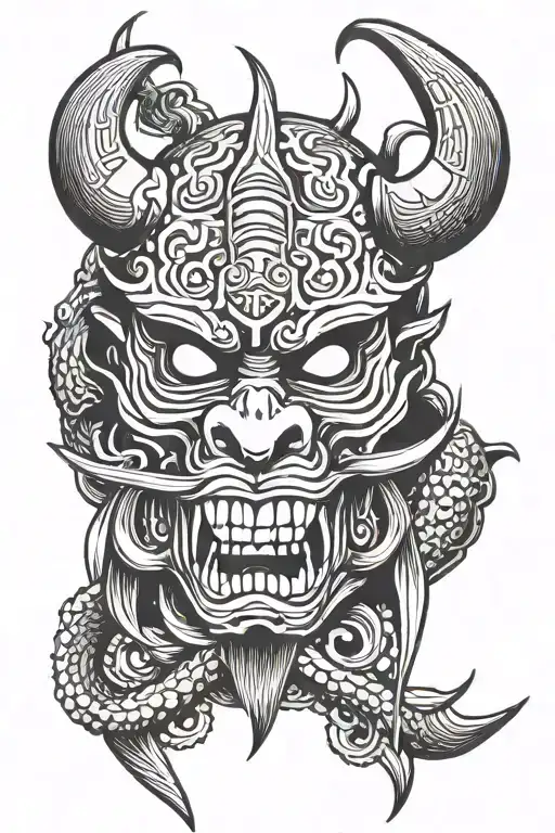 Samurai Warrior Skull Oni Tribal shin simetric design tattoo design idea