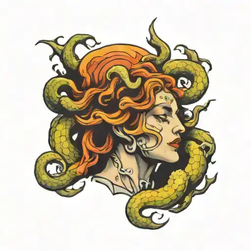 90s "Tattoo of Medusa with a volcano in the background." tattoo design idea