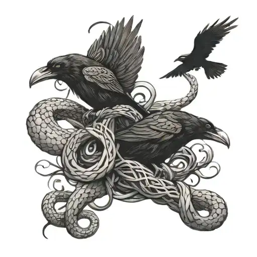raven and snake fighting each other, entangled tattoo design idea