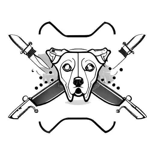 A minimalist tattoo of a dog, knife, and gun arranged in an abstract pattern tattoo design idea