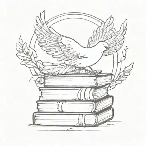 fine line tattoo of a dove with an angel halo sleeping on small stack of books make it minimalistic tattoo design idea