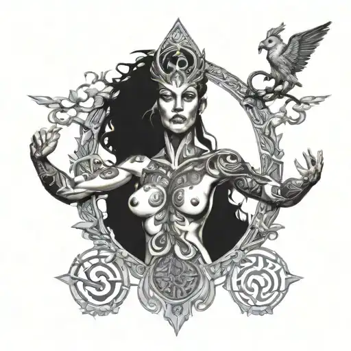 hugin and munnin on shoulders, yggdrasil on the torso with the triple goddess symbol in the mi tattoo design idea