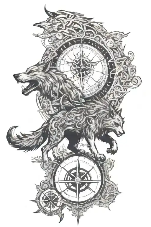  evil fenrir with Viking compass and a forestry backround and fenrirs name is old norise  tattoo design idea