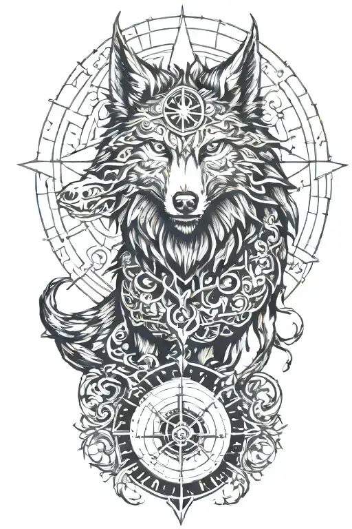  evil fenrir with Viking compass and a forestry backround tattoo design idea