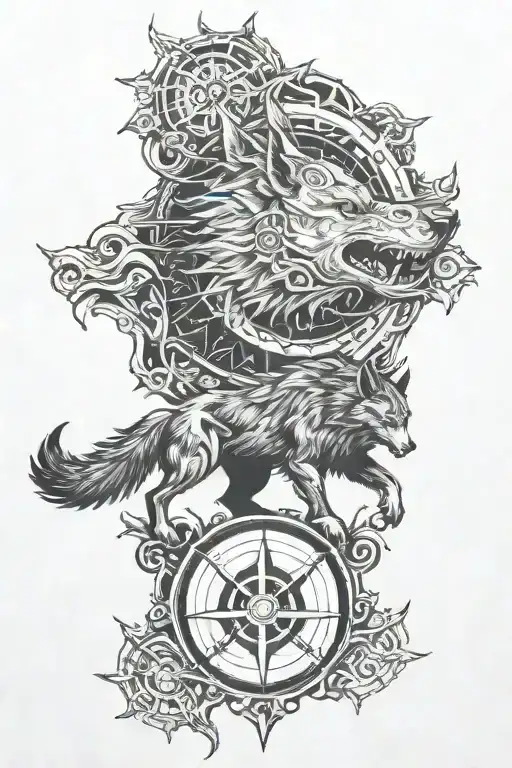  evil fenrir with Viking compass and a forestry backround tattoo design idea