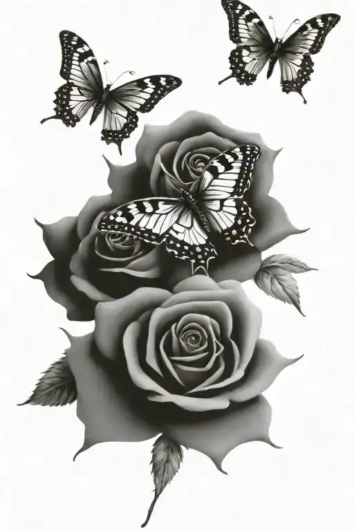 rose with 3 butterflies fluttering  tattoo design idea