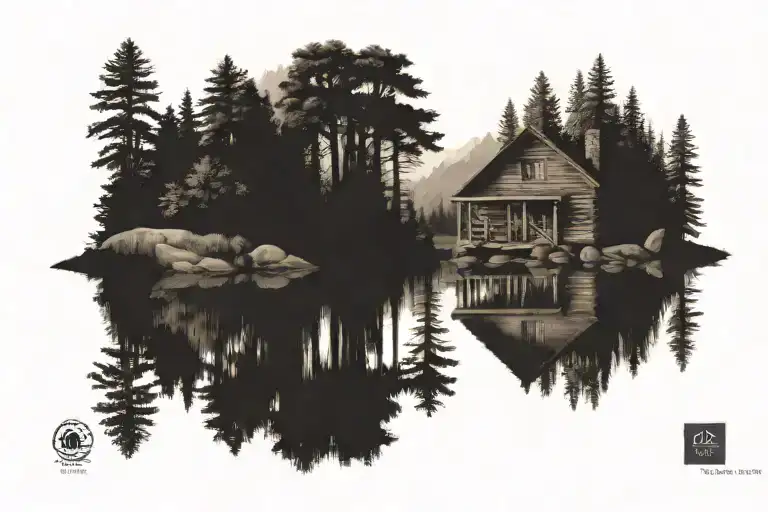 wilderness log cabin on lake reflecting tattoo design idea