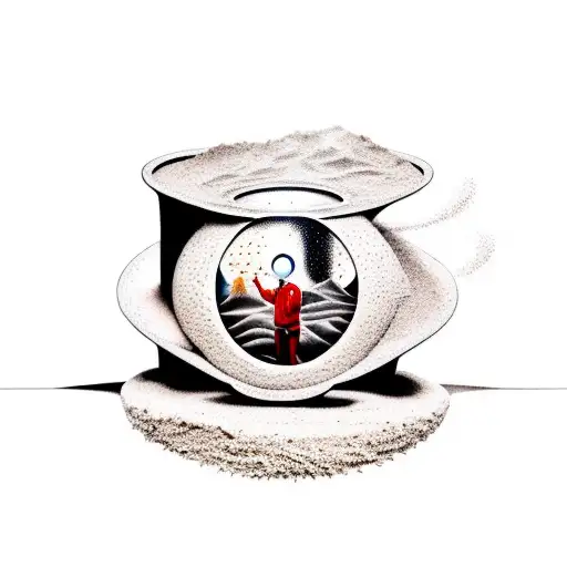 a man inside a hourglass with the sand pooring directly on him tattoo design idea