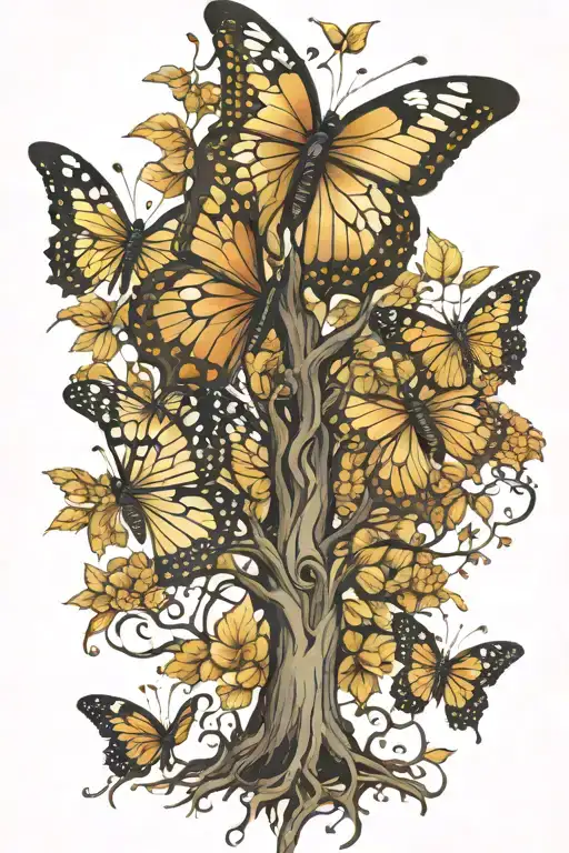 a tree that turns into a butterfly that is half realistic and half bionic tattoo design idea