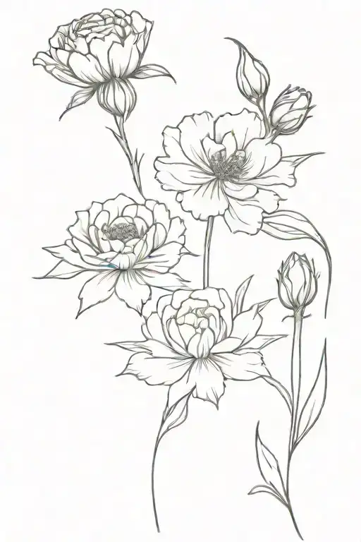 three flowers of carnation, rose, and aster, s h calligraphy tattoo design idea