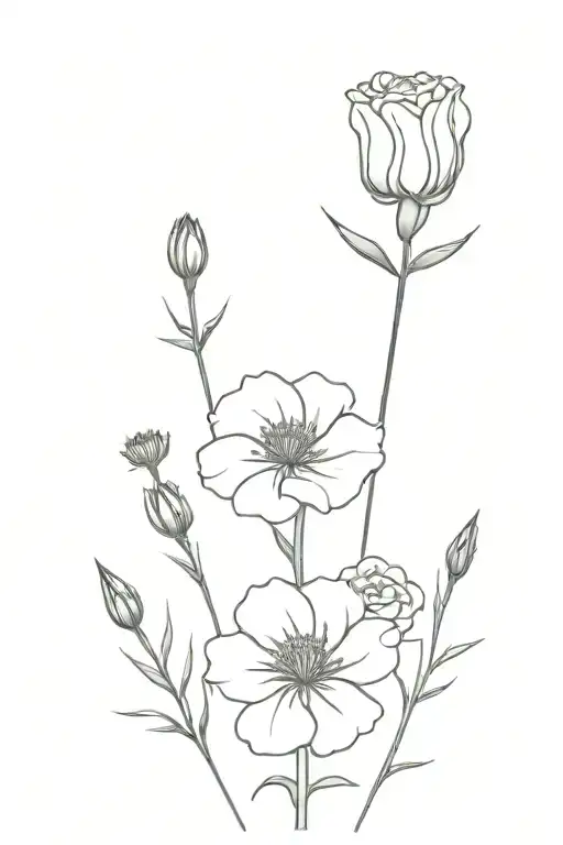 three flowers of carnation, rose, and aster, small for forearm with stems  tattoo design idea