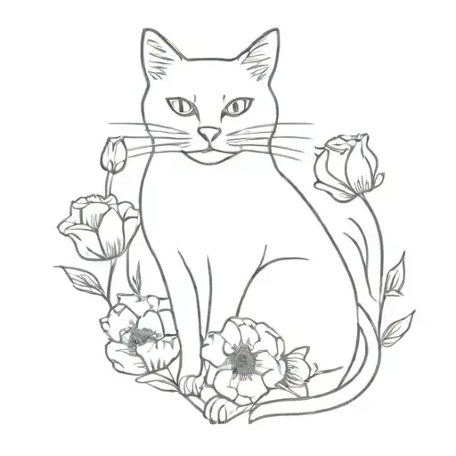  poppies and primroses surrounding a black cat tattoo design idea