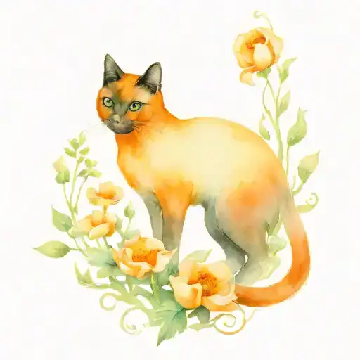 Orange poppies and primroses surrounding a black cat tattoo design idea