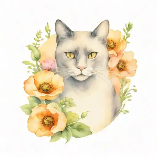 poppies and primroses surrounding a black cat tattoo design idea