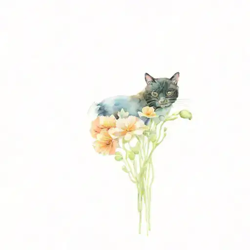 poppies with primroses and black cat tattoo design idea