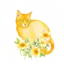 Orange poppies and primroses surrounding a black cat tattoo design idea