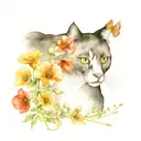  poppies and primroses surrounding a black cat tattoo design idea
