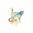 poppies with primroses and black cat tattoo design idea