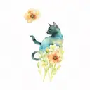 poppies with primroses and black cat tattoo design idea