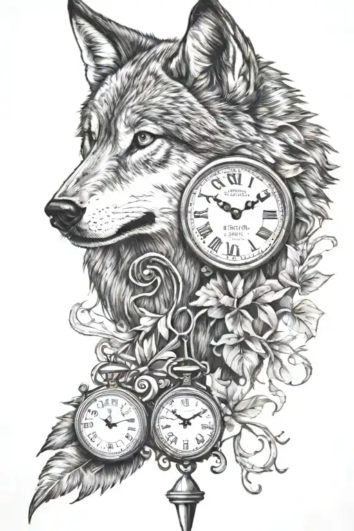 Wolf and old clock tattoo design idea