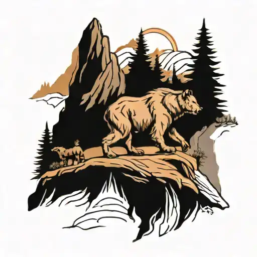 landscape of mountain range with a bear and mountain goat small on the ridges, and a hiker walking up tattoo design idea