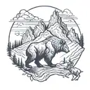 large mountain range with small bear and mountain goat along the ridges and a small hiker going up tattoo design idea