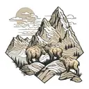 large mountain range with small bear and mountain goat along the ridges and a small hiker going up tattoo design idea