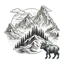 large mountain range with small bear and mountain goat along the ridges and a small hiker going up tattoo design idea