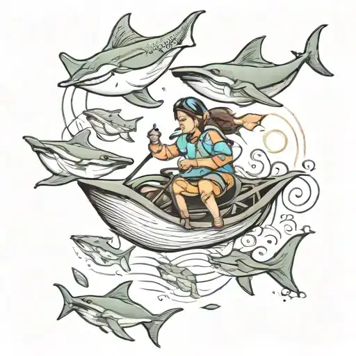children riding stingrays flying with birds tattoo design idea