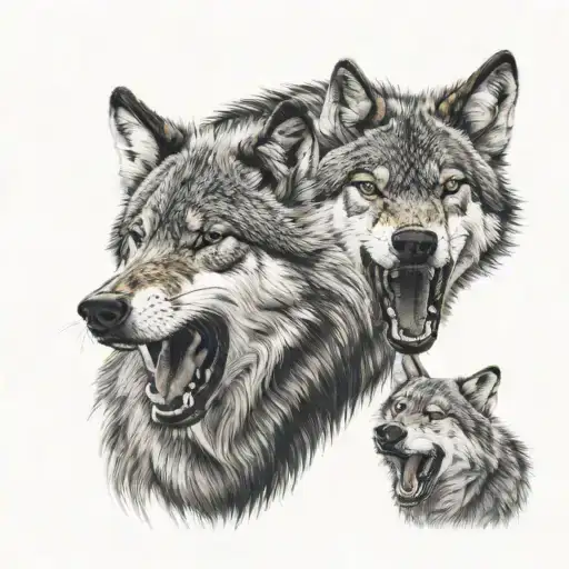snarling wolf over two twin girls  tattoo design idea