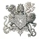 family crest of a lion rampant in natural and four dragons' heads of sinople, moving from the four corners of the shield tattoo design idea