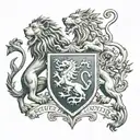 family crest of a lion rampant in natural and four dragons' heads of sinople, moving from the four corners of the shield tattoo design idea