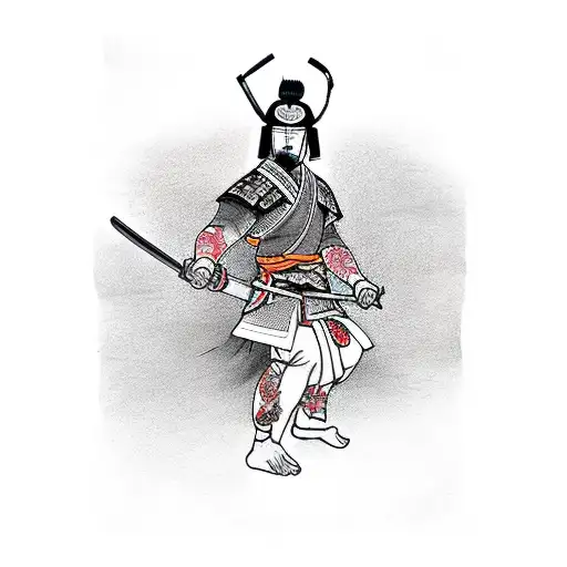 A fierce samurai warrior practicing martial arts under a cherry blossom tree tattoo design idea