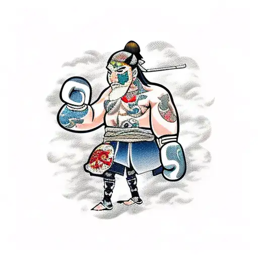 A traditional Japanese warrior with boxing gloves, surrounded by anime-style clouds tattoo design idea