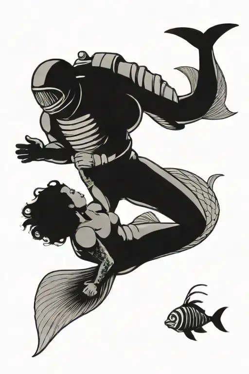 mermaid and diver in hard shell retro dive suit facing each other. tattoo design idea
