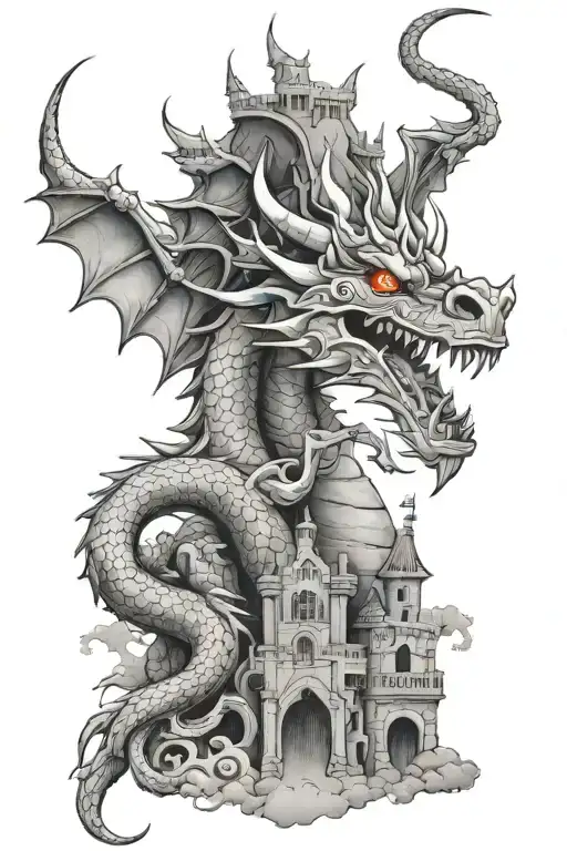 Dragon with Red eye, night, horse, princess, castle tattoo design idea