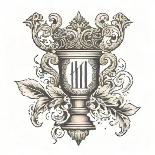 A minimalistic tattoo of a trophy with smoke in the shape of the numeral 14. Also add the roman leaf headband around it. tattoo design idea