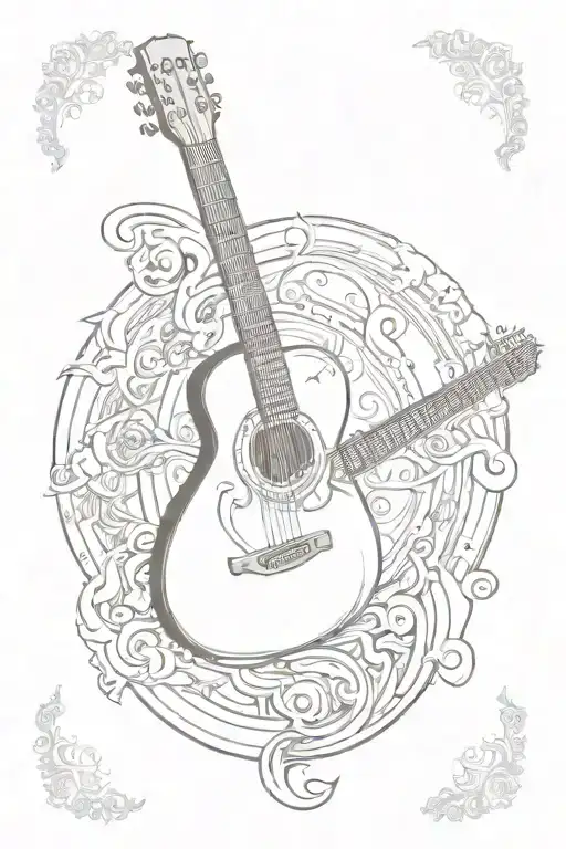 guitar with buddhism symbol and Gemini zodiac sign tattoo design idea