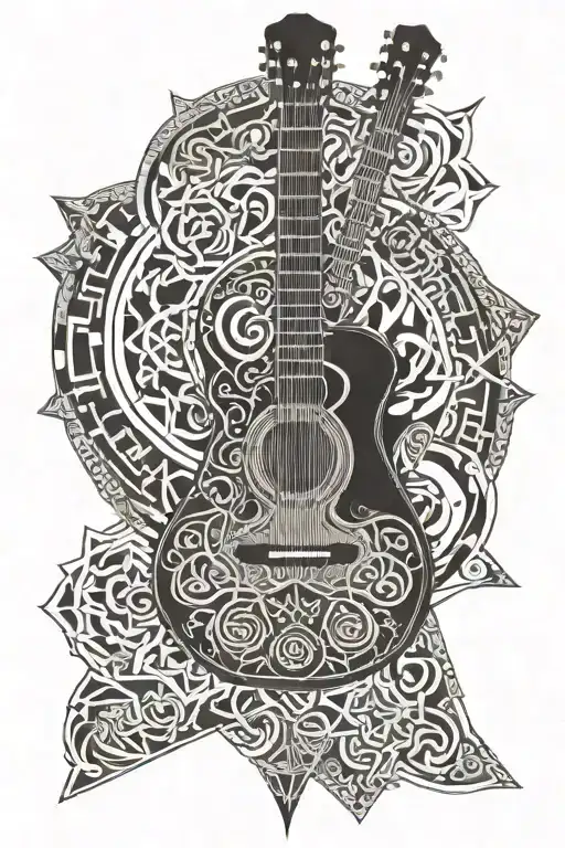 guitar with buddhism symbols  tattoo design idea
