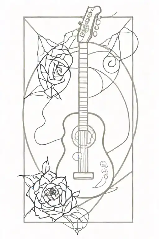 guitar with buddhism symbol and Gemini zodiac sign tattoo design idea