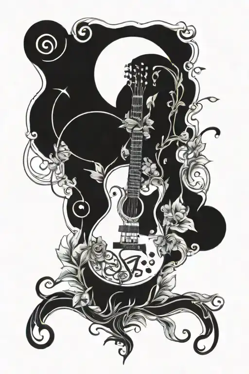 guitar with buddhism symbol and Gemini zodiac sign tattoo design idea