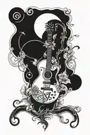 guitar with buddhism symbol and Gemini zodiac sign tattoo design idea