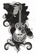 guitar with buddhism symbol and Gemini zodiac sign tattoo design idea