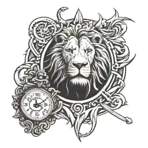 lion and clock tattoo design idea