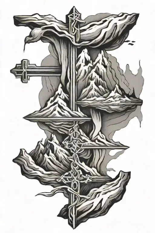 mountains with cross intertwined tattoo design idea