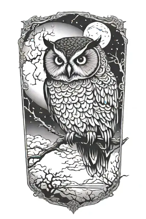 an owl siluetted against a full moon tattoo design idea