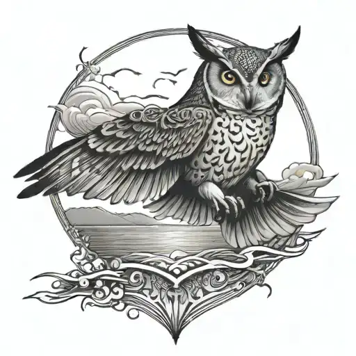 A black-grey tattoo of a majestic owl flying over a serene ocean landscape with a manta ray swimming below tattoo design idea