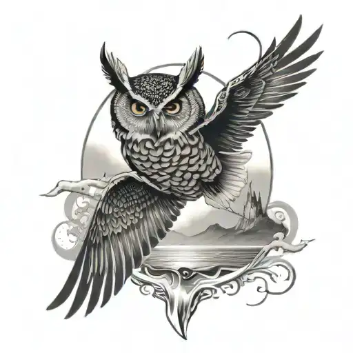 A black-grey tattoo of a majestic owl flying over a serene ocean landscape with a manta ray swimming below tattoo design idea